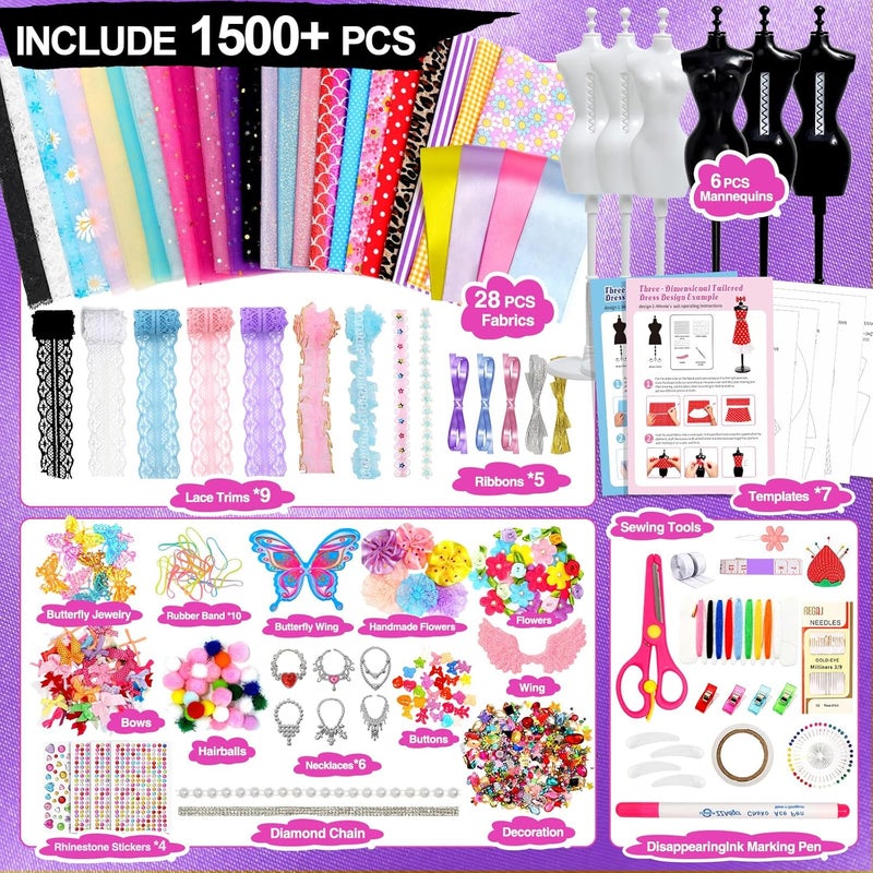 Sunrad 1500+ PCS Fashion Designer Kits for Girls with 6 Mannequins, DIY Arts & Crafts Sewing Kit for Kids Doll Clothes Making Toys, Birthday Gifts for Girls Age 6 7 8 9 10 11 12+ - Image 2